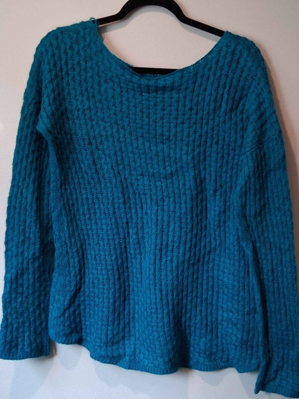 Nice teal blue boat neck open weave pullover sweater